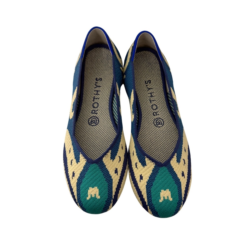 Rothy's The Flat Women's 7.5 Teal Navy Ikat Knit Pointed Toe Washable Shoes